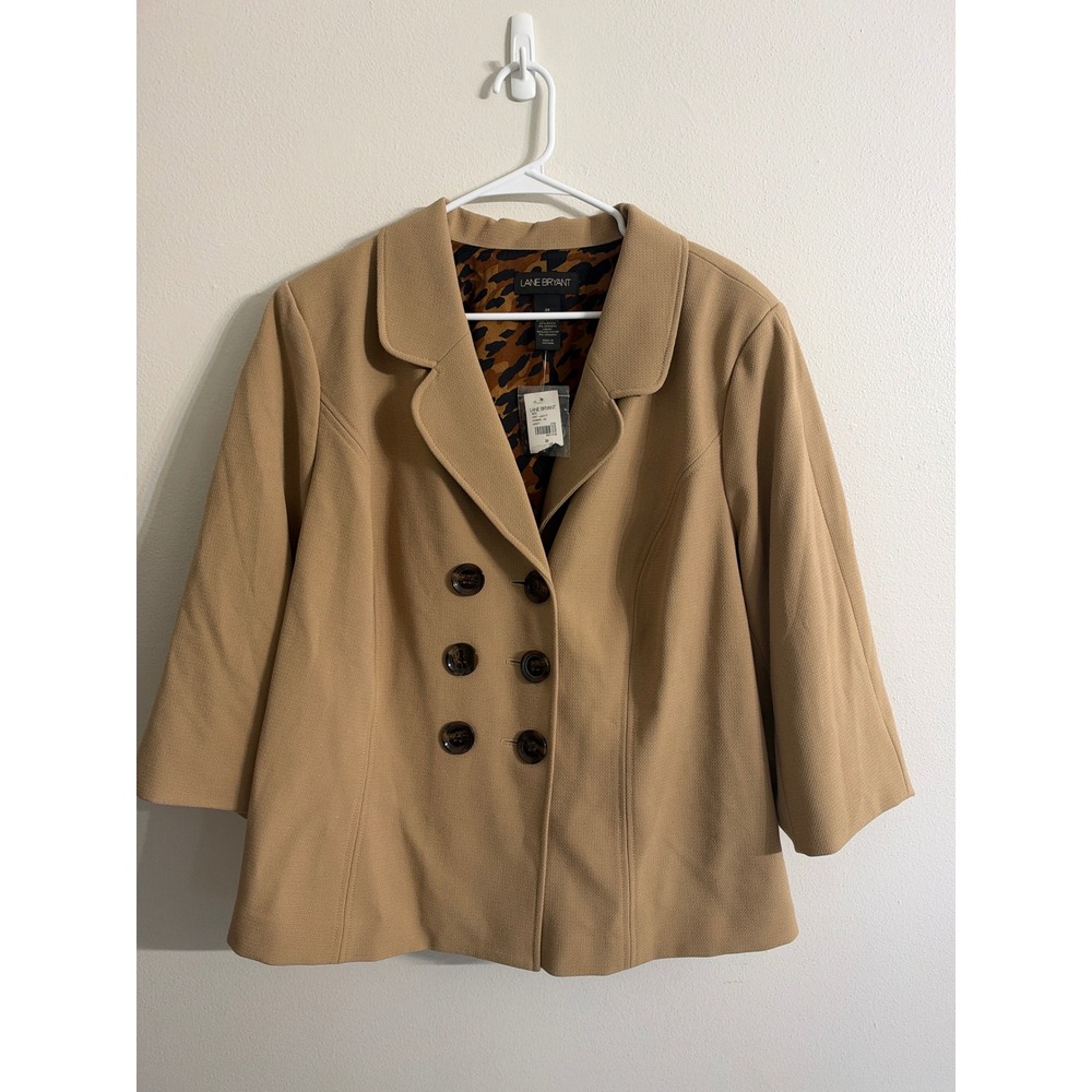 Lane Bryant Womens Tan Double Breasted Leopard Lined Blazer Jacket Size 28 New